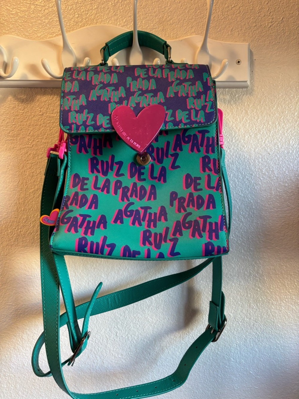 Agatha Ruiz De La Prada Teal & Hot Pink Logo Backpack with Heart Accent